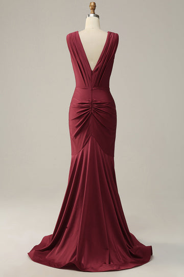 Mermaid Deep V Neck Burgundy Sleeveless Long Formal Dress